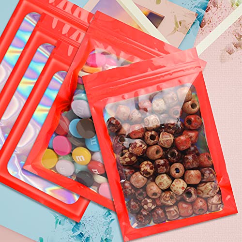 Funfery 100 pcs Red Mylar Holographic Bags, Clear Window Zipper Bags Resealable Smell Proof Bags Foil Pouch Bags for Food Storage and Lipgloss,Jewelry,Eyelash Packaging for Small Business(4x6In)