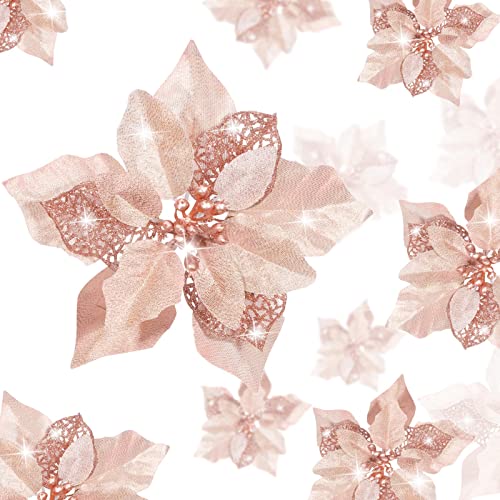 24 Pieces Christmas Artificial Glitter Poinsettia Flowers Xmas Flowers Wedding Christmas Tree New Year Ornaments(Rose Gold)