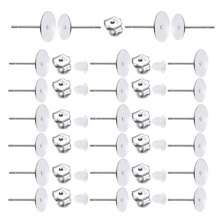 160 PCS 925 Sterling Silver Plated Earrings Posts Flat Pad Hypoallergenic Flat Pad Earring Studs with 925 Sterling Silver Earring Backs and Rubber Earring Backs for Jewelry Making Findings(5mm 8mm)