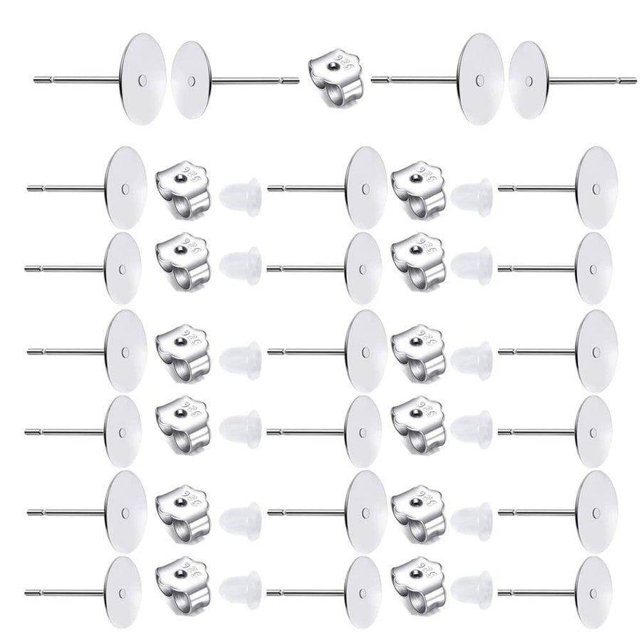 160 PCS 925 Sterling Silver Plated Earrings Posts Flat Pad Hypoallergenic Flat Pad Earring Studs with 925 Sterling Silver Earring Backs and Rubber Earring Backs for Jewelry Making Findings(5mm 8mm)