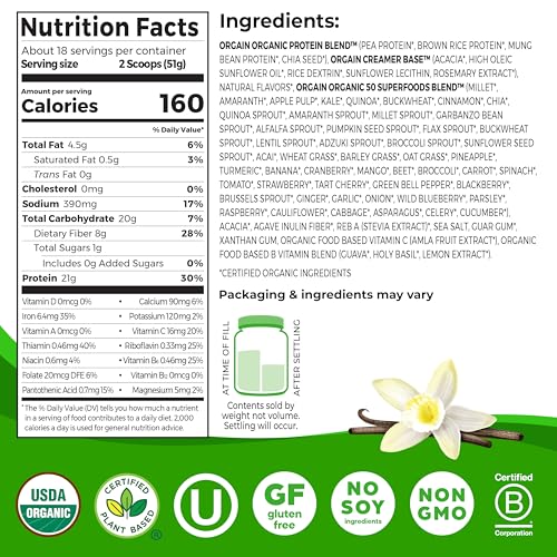 Organic Vegan Protein + 50 Superfoods Powder, Vanilla Bean - 21g Plant Based Protein, 8g Prebiotic Fiber, No Lactose Ingredients, Gluten Free, Non-GMO, 2.02 lb (Packaging May Vary)