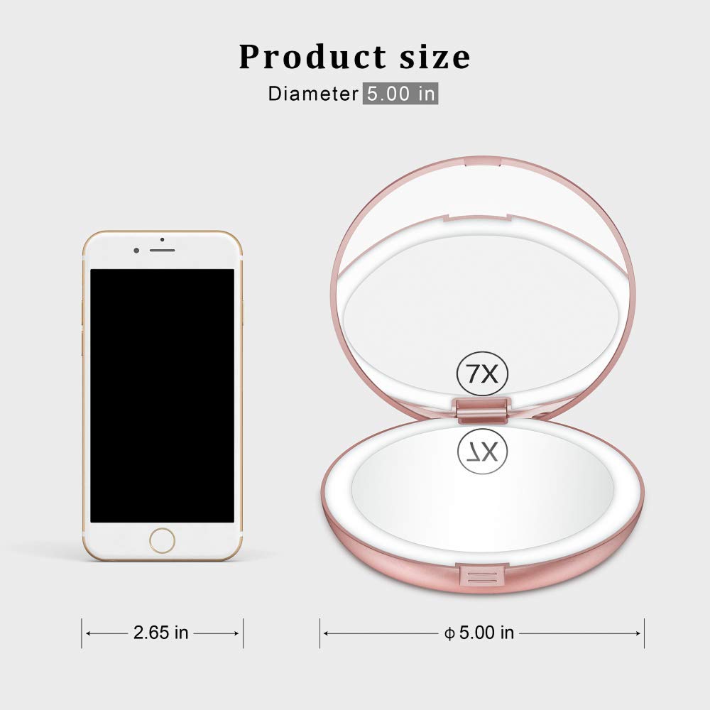 LED Lighted Travel Makeup Mirror, 1x/7x Magnification, 5 Inch Dual Sided Vanity Mirror with Lights Portable Compact Illuminated Cosmetic Mirror – Perfect for Handbag Rose Gold