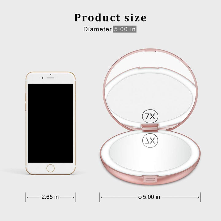 LED Lighted Travel Makeup Mirror, 1x/7x Magnification, 5 Inch Dual Sided Vanity Mirror with Lights Portable Compact Illuminated Cosmetic Mirror – Perfect for Handbag Rose Gold