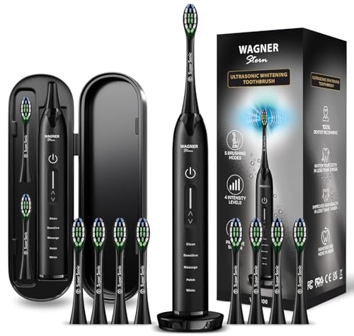 Ultrasonic whitening Toothbrush with Pressure Sensor. 5 Brushing Modes and 4 Levels of Intensity, 8 Soft bristles, Travel case.