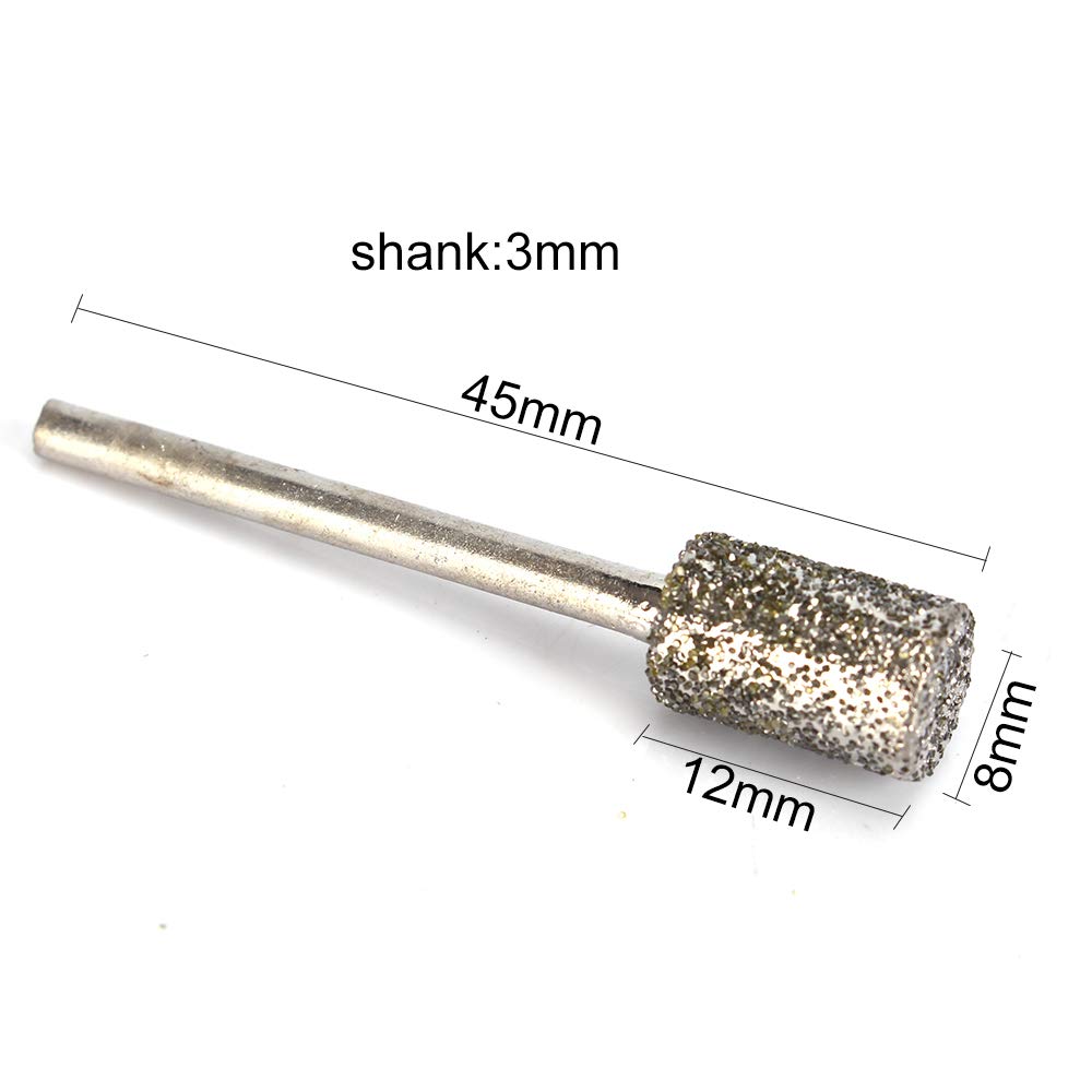 12Pcs 8mm Head Cylindrical Diamond Coated Mounted Wheel Points Grinding Rotary Bit grit 46# with 3mm Shank for Rotary Tool