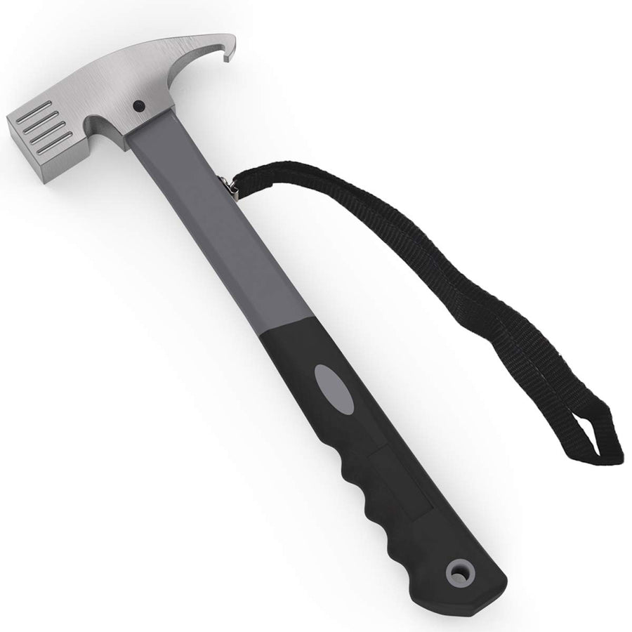 Camping Hammer Heavy Duty with Tent Stake Remover, 12.6 Steel Tent Hammer - Rubber Covered Handle Tent Mallet with Holding Strap (Black)