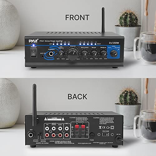 Home Home Audio Power Amplifier System with Bluetooth - 2X120W Mini Dual Channel Mixer Sound Stereo Receiver Box w/ RCA, AUX, Mic Input - For Amplified Speakers, PA, Theater, Studio Use -PTA4