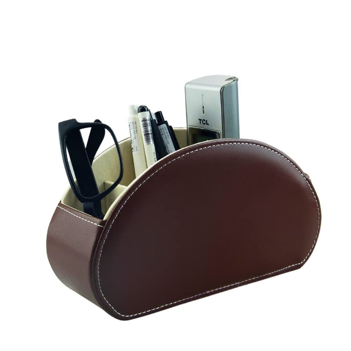 Remote Control Holder Organizer Table Desk Leather Control Storage TV Remote Control Organizer with 5 Spacious Compartments (Dark Brown with Beige Lining)