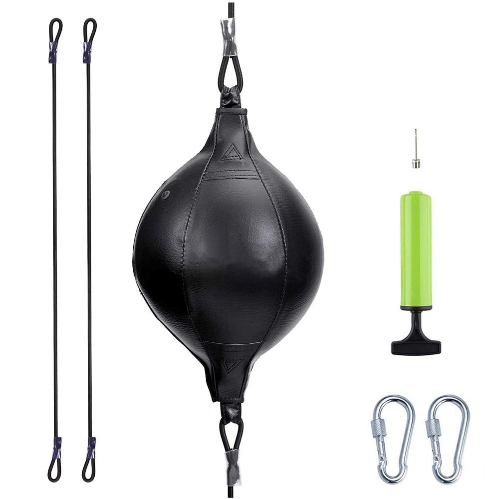 Double End Bag Leather Speed Ball, Hanging Boxing Punching Ball with Pump, Boxing Reflex Ball for Gym MMA Boxing Sports Punch Bag Adult Kids Men Women (Black)