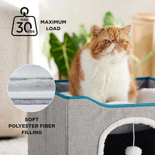 Cat Beds for Indoor Cats - Large Cat Cave for Pet Cat House with Fluffy Ball Hanging and Scratch Pad, Foldable Cat Hideaway,16.5x16.5x13 inches, Grey