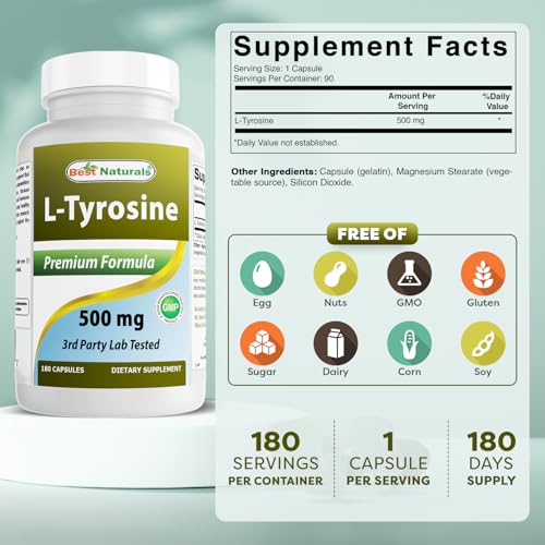 L-Tyrosine 500 Mg 180 Capsules - Supports Mental Alertness, Energy, Focus, Healthy Glandular Function and Balance