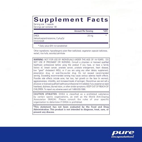 DHEA 25 mg - Supplement for Immune Support, Hormone Balance, Metabolism Support, and Energy Levels* - with Micronized DHEA - 60 Capsules