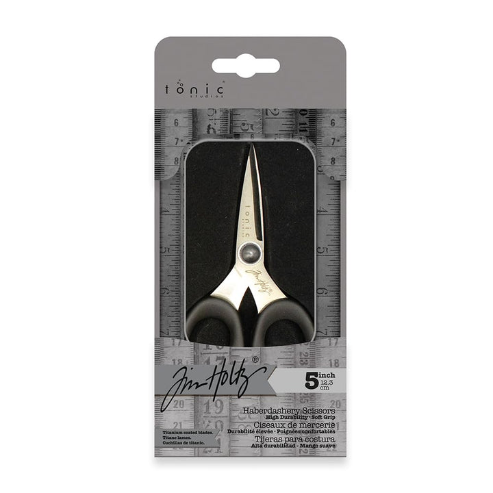 Tim Holtz Small Scissors - 5 Inch Mini Snips with Micro Serrated Blade - Craft Tool for Cutting Paper, Fabric, and Sewing - Titanium with Black Comfort Grip Handles