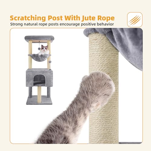 ROYPET Multi-Level Cat Tree for Indoor Cats, Cat Tree Tower with Big Condo, Cat Tower with Cat Hammock, Indoor Climbing Activity Tower with Scratching Posts, Small Space, Grey