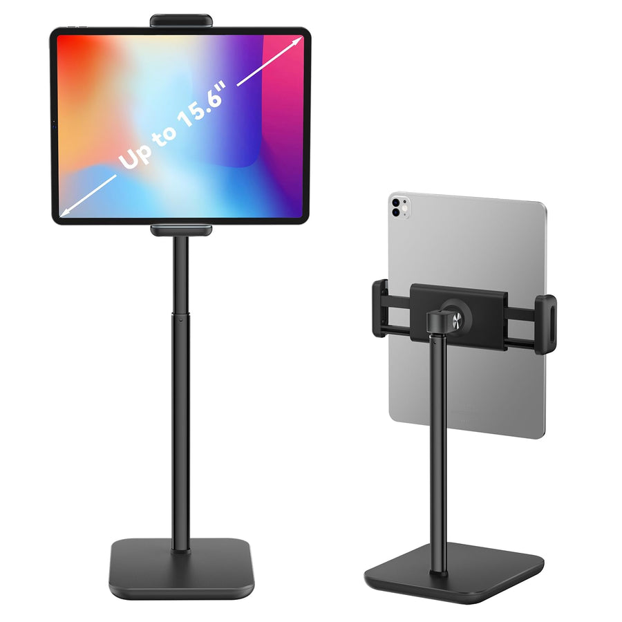 Adjustable iPad Stand with 21 Height Extension, 360° Swivel Tablet Holder for Desk, Surface Pro Stand, Portable Monitor Stand Compatibility with 4.7-15.6 Tablets and Smartphones, Display - Black