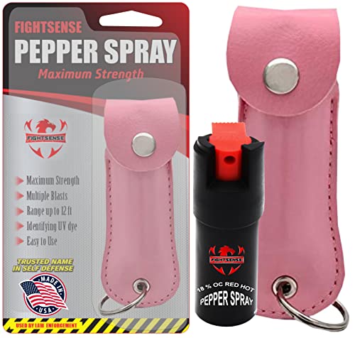 Self Defense Pepper Spray - 1/2 oz Compact Size Maximum Strength Police Grade Formula Best Self Defense Tool for Women W/Leather Pouch Keychain (Pink)