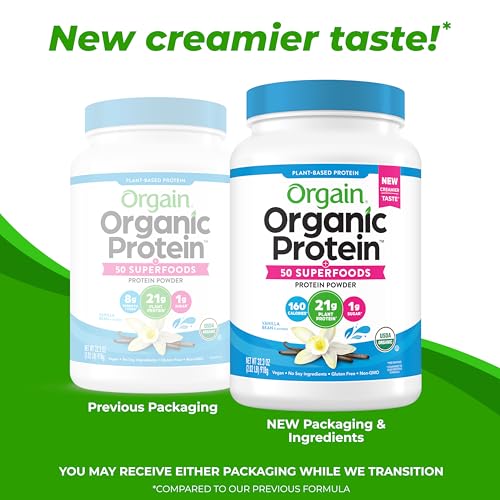 Organic Vegan Protein + 50 Superfoods Powder, Vanilla Bean - 21g Plant Based Protein, 8g Prebiotic Fiber, No Lactose Ingredients, Gluten Free, Non-GMO, 2.02 lb (Packaging May Vary)