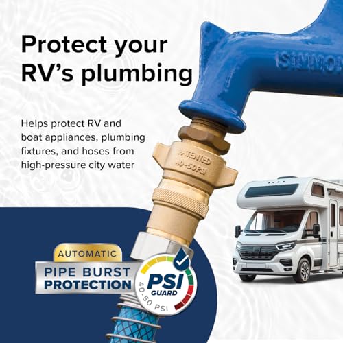 Brass Marine / RV Water Pressure Regulator – Protects RV Kitchen Small Appliances, Plumbing & Hoses – Reduces RV Water Pressure to Safe & Consistent 40-50 PSI – Drinking Water Safe (40055)