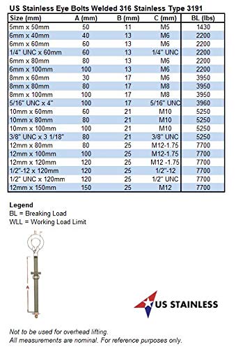 2 Pieces Stainless Steel 316 M12 Eye Bolt 12mm x 80mm (1/2 x 3 3/16) Marine Grade Pitch of 1.75