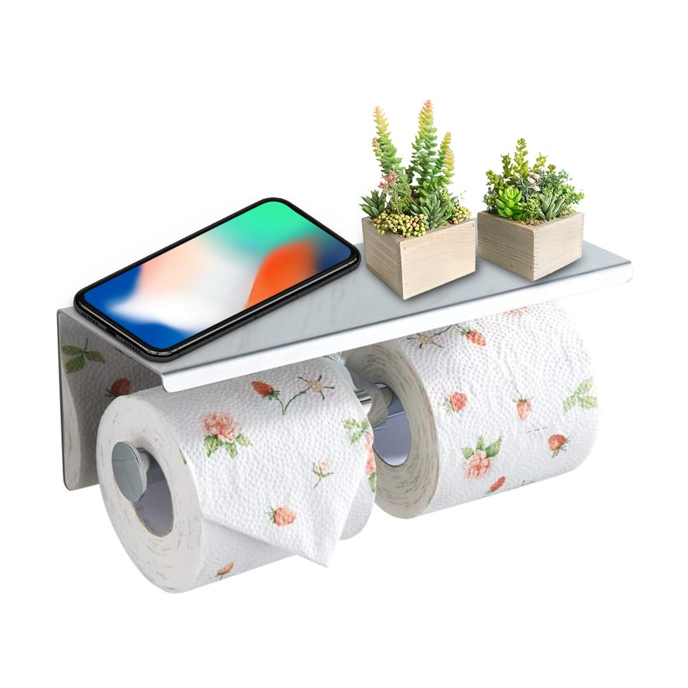 Double Toilet Paper Holder with Phone Shelf, 304 Stainless Steel Modern Bathroom Roll Tissue Holder Wall Mounted, Gold