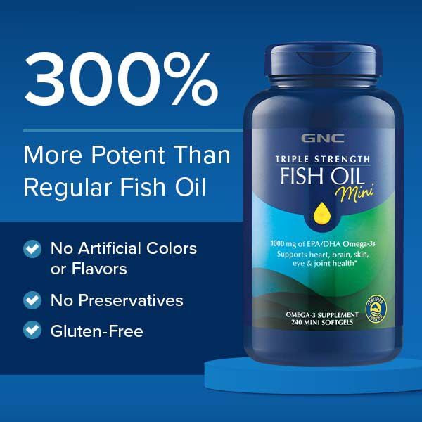 Triple Strength Fish Oil Mini Omega 3 Supplement, 1000mg EPA and DHA, Supports Heart, Brain, Skin, Eye and Joint Health, 240 Mini Softgels