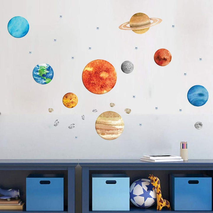 Space Planet Wall Stickers Decals, Removable Solar System Watercolor Space Vinyl Wall Stickers for Kids Nursery Bedroom Living Room