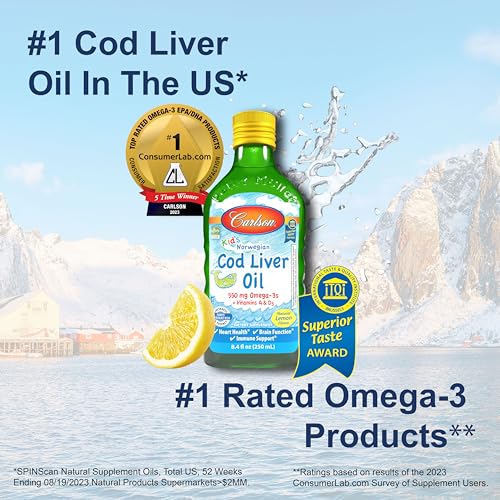 - Kid's Cod Liver Oil, 550 mg Omega-3s, Vitamins A & D3, Wild Norwegian, Lemon, 250 mL