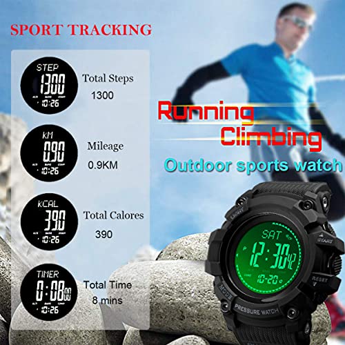 Watch Compass, Altimeter Barometer Thermometer Temperature, Pedometer ,WArmy Waterproof Outdoors Sport Digital Watch for Men, Black