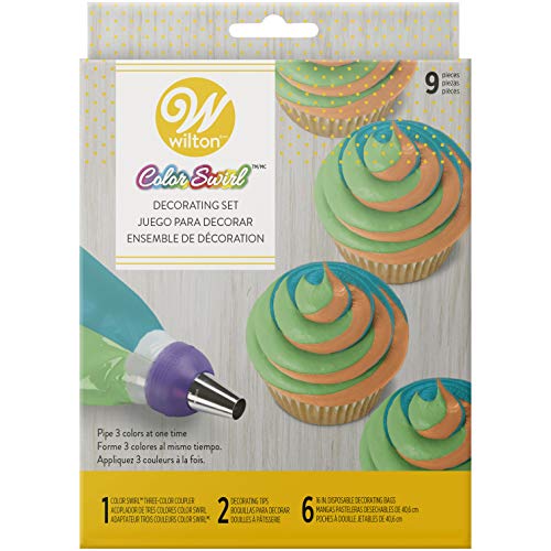 Color Swirl, 3-Color Piping Bag Coupler, 9-Piece Cake Decorating Kit