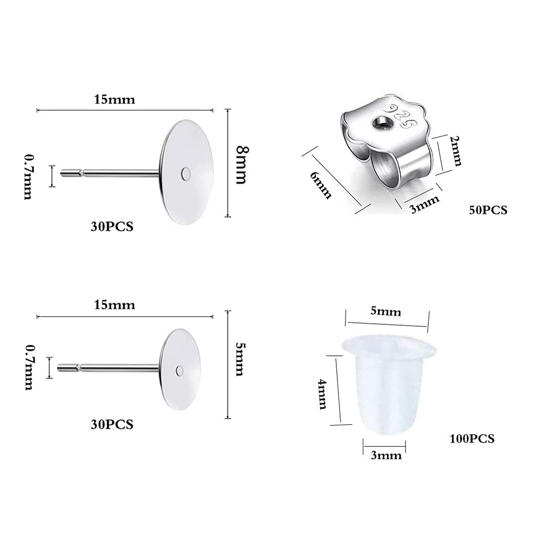 160 PCS 925 Sterling Silver Plated Earrings Posts Flat Pad Hypoallergenic Flat Pad Earring Studs with 925 Sterling Silver Earring Backs and Rubber Earring Backs for Jewelry Making Findings(5mm 8mm)