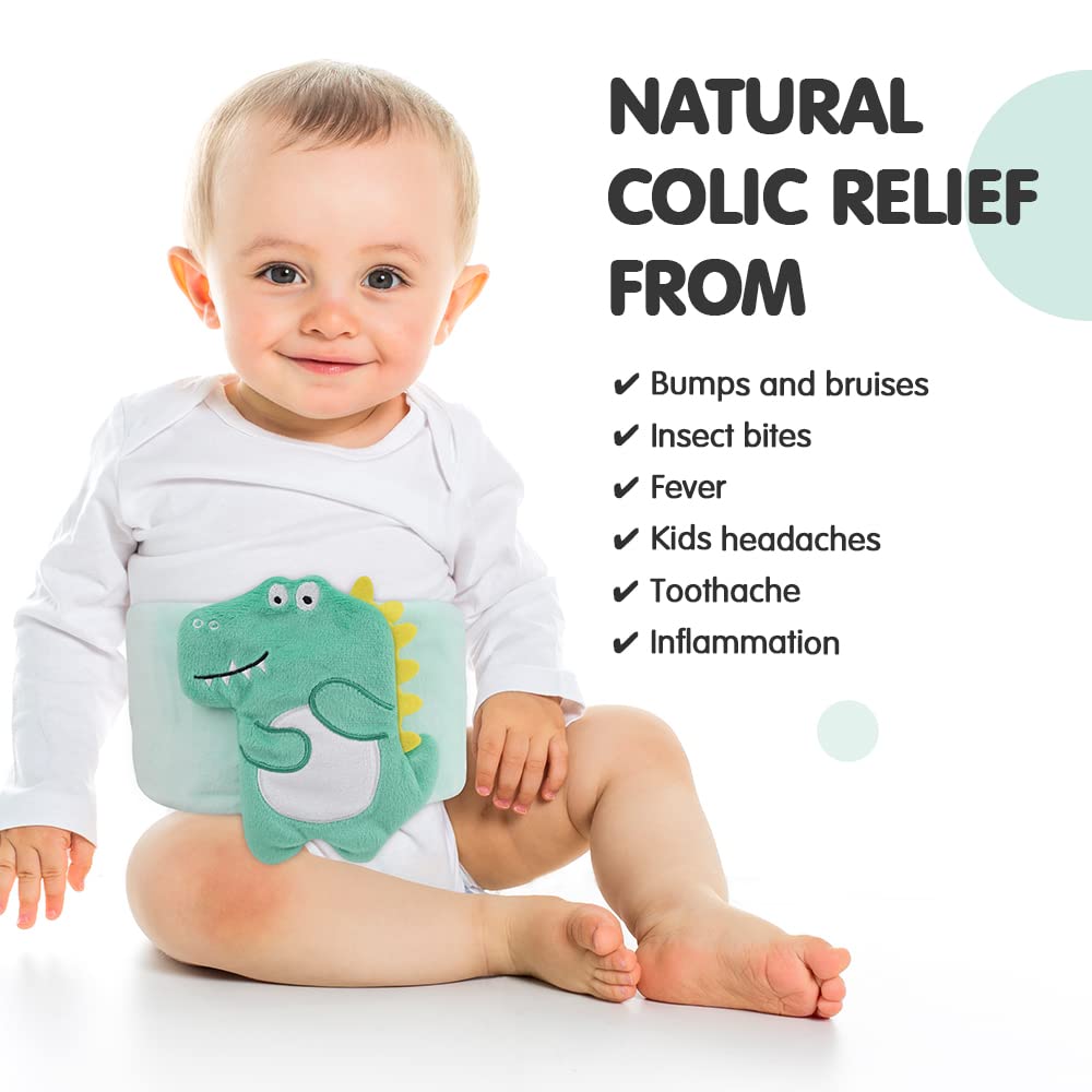 Baby Colic, Gas and Upset Stomach Relief, Heated Warmer Tummy Wrap with 2 Gel Packs for Newborns and Infants, Baby Heating Pad Swaddling Belt Natural Relief (Green Dinosaur)