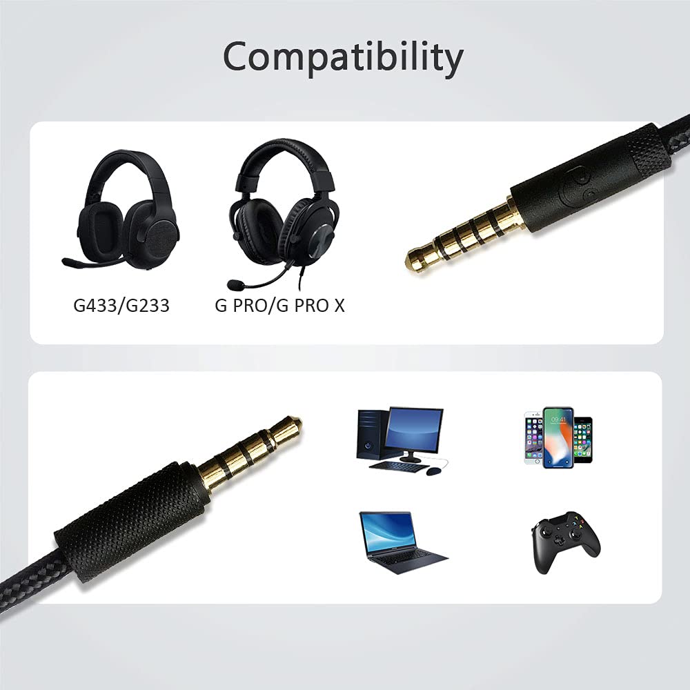 Replacement Audio Aux Cord Cable Compatible with Logitech Wired G Pro/G Pro X/G433/G233 Gaming Headset, G433 Cable Aux Cord Replacement with Inline Mic and Volume Control(6.5FT/2Meter, Black)