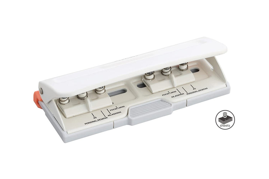 Adjustable 6 Hole Punch, Off White, 8 Sheet Capacity, Mini/Pocket A3/ A4 / A5 / A6 / Agenda/Personal/Deskfax, Performance Guaranteed