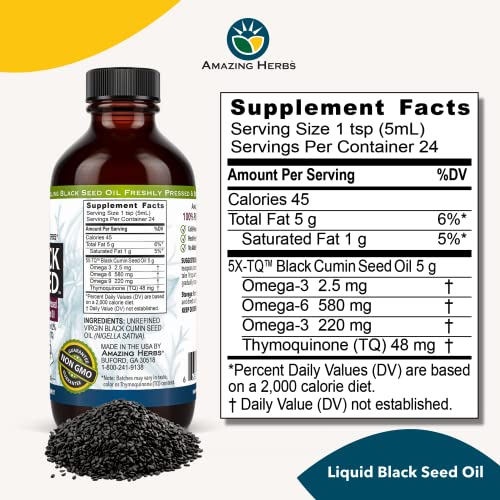 Premium Black Seed Oil - Cold Pressed Nigella Sativa Aids in Digestive Health, Immune Support, Brain Function, Joint Mobility, Gluten Free, Non GMO - 4 Fl Oz