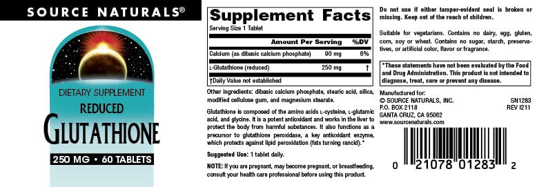 Glutathione, Supplement for Liver Support, 250mg - 60 Tablets