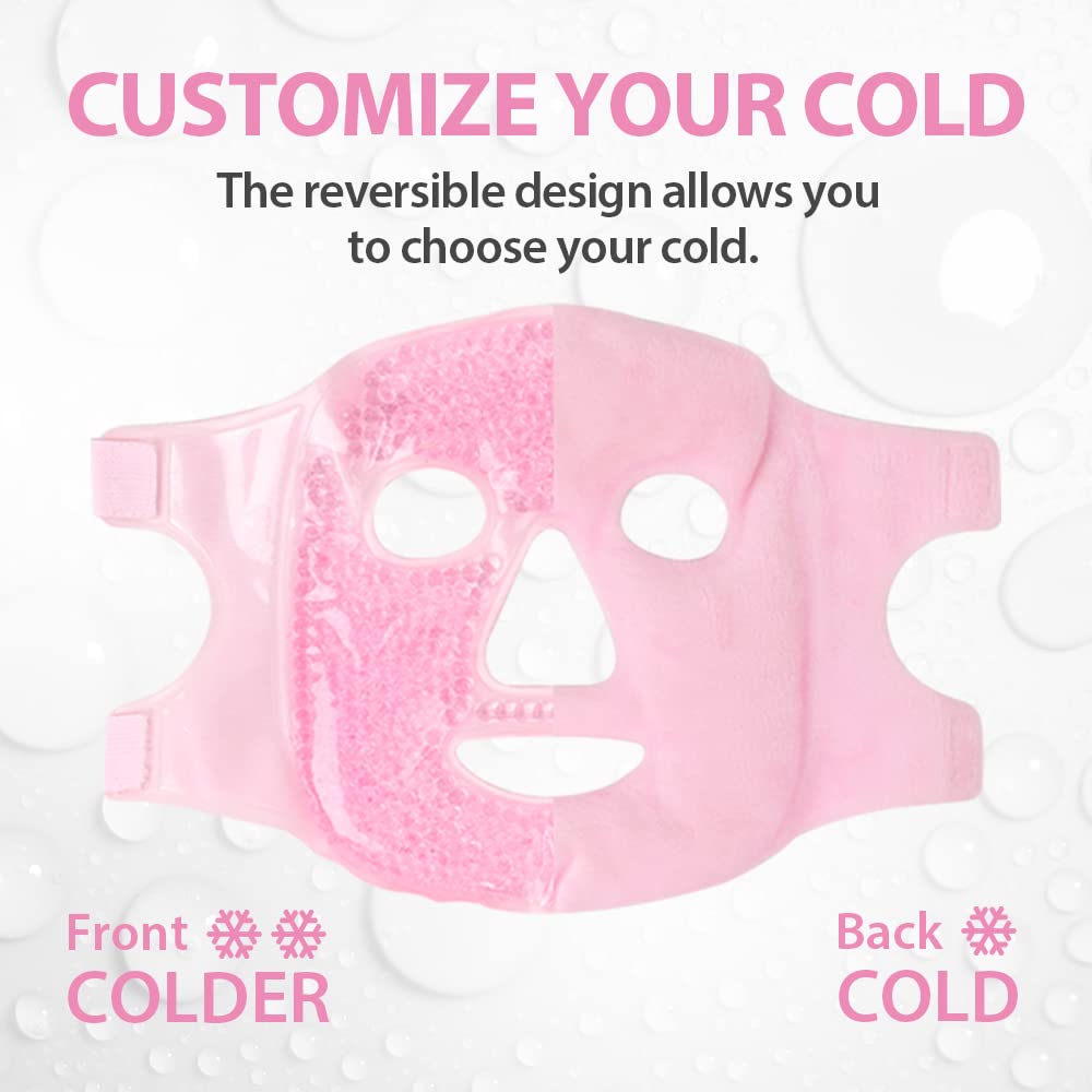Ice Face Masks for Women, Hot Cold Therapy Gel Bead Full Facial Gel Mask Cold Eye Pack with Eye Hole & Plush Backing for Migraine Headache, Stress Relief - Pink