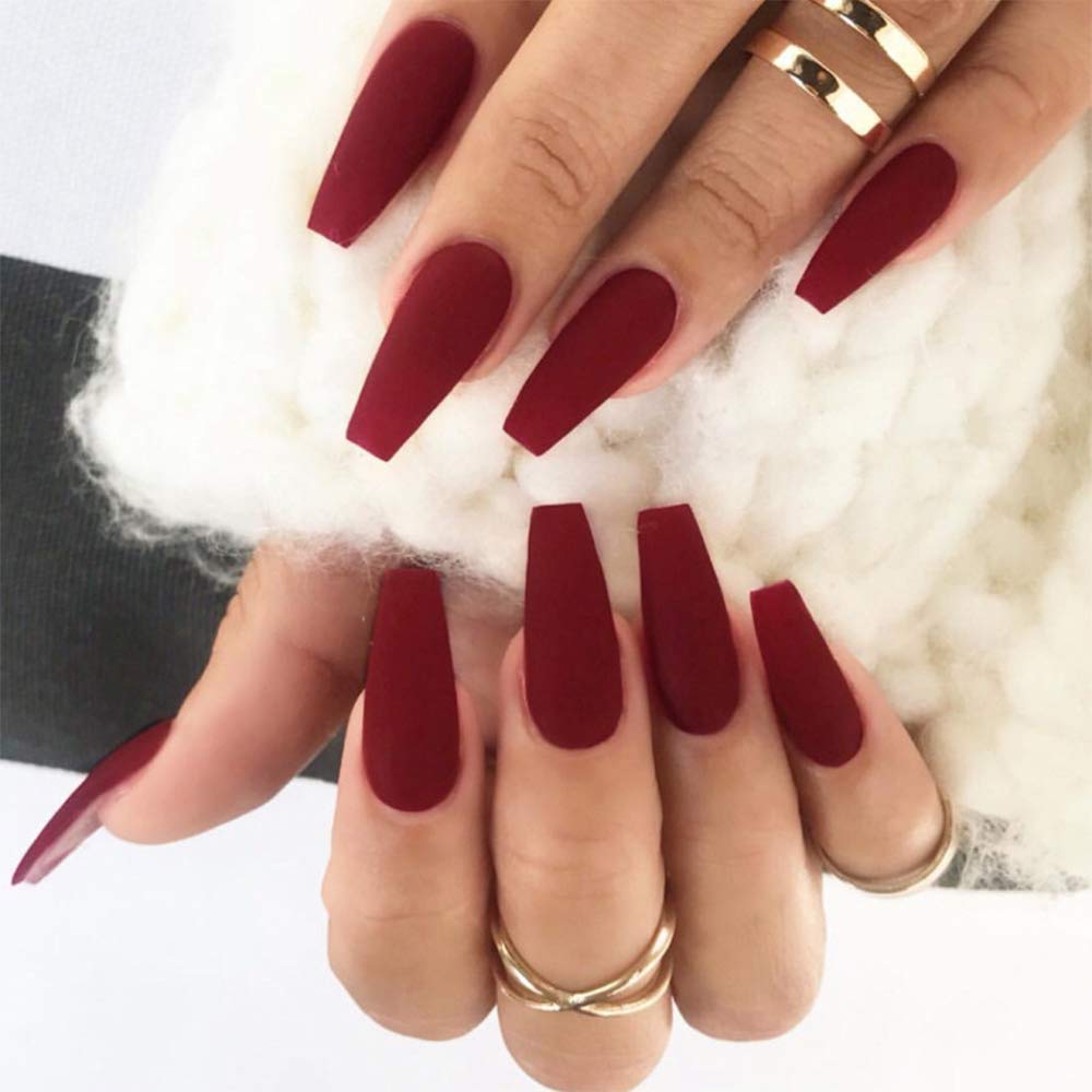 24Pcs Ballerina Matte False Nail Medium Pure Color Full Cover Square Coffin Nails with Glue Sticker Boho Clip on Nails Art Tips Set for Women and Girls (Burgundy)
