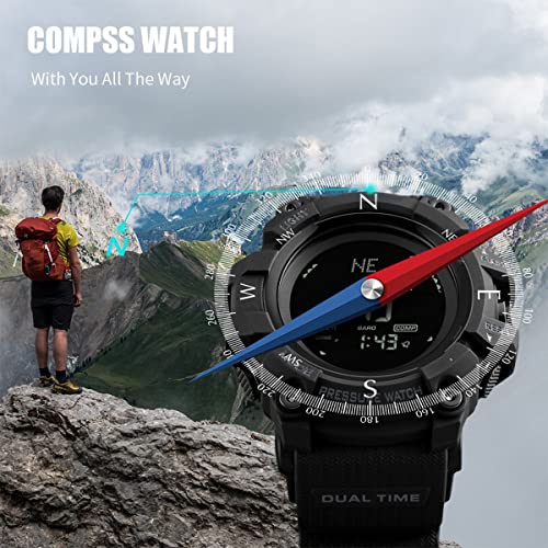 Watch Compass, Altimeter Barometer Thermometer Temperature, Pedometer ,WArmy Waterproof Outdoors Sport Digital Watch for Men, Black