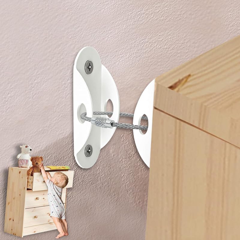 Furniture Anchors and Straps (Pack of 10) for Dresser, Bookcase, Shelves and Earthquake Resistant Anti Tip Safety for Child, Pet and Baby Proofing