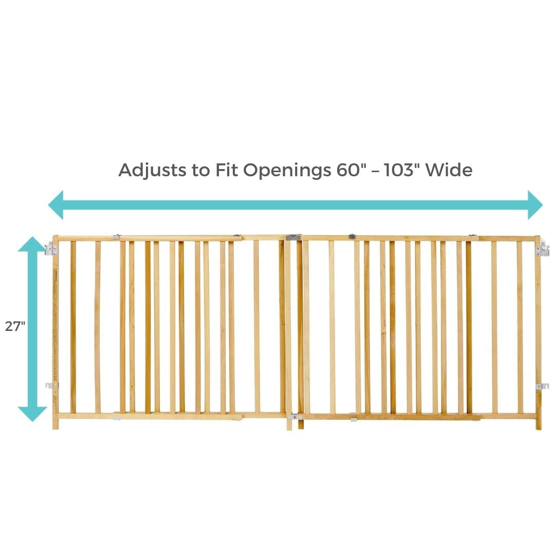 Extra Wide Swing Wooden Gate, Fits 60- 103 Wide. Hardware Mount. Extra Wide Baby Gate, Child Gates for Wide Openings. Made in USA (27 Tall, Sustainable Hardwood)