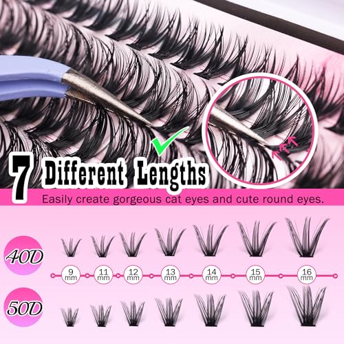 DIY Lash Extension Kit Volume Lash Clusters 40D+50D D Curvature Individual Lashes Lash Clusters Kit Thick Eyelash Extension Kit 280 pcs Thin Band Cluster Lashes Lash Bond and Seal Tweezers