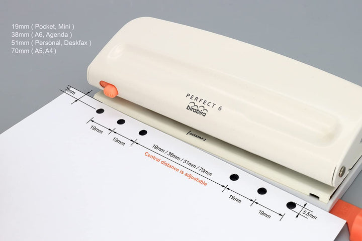 Adjustable 6 Hole Punch, Off White, 8 Sheet Capacity, Mini/Pocket A3/ A4 / A5 / A6 / Agenda/Personal/Deskfax, Performance Guaranteed