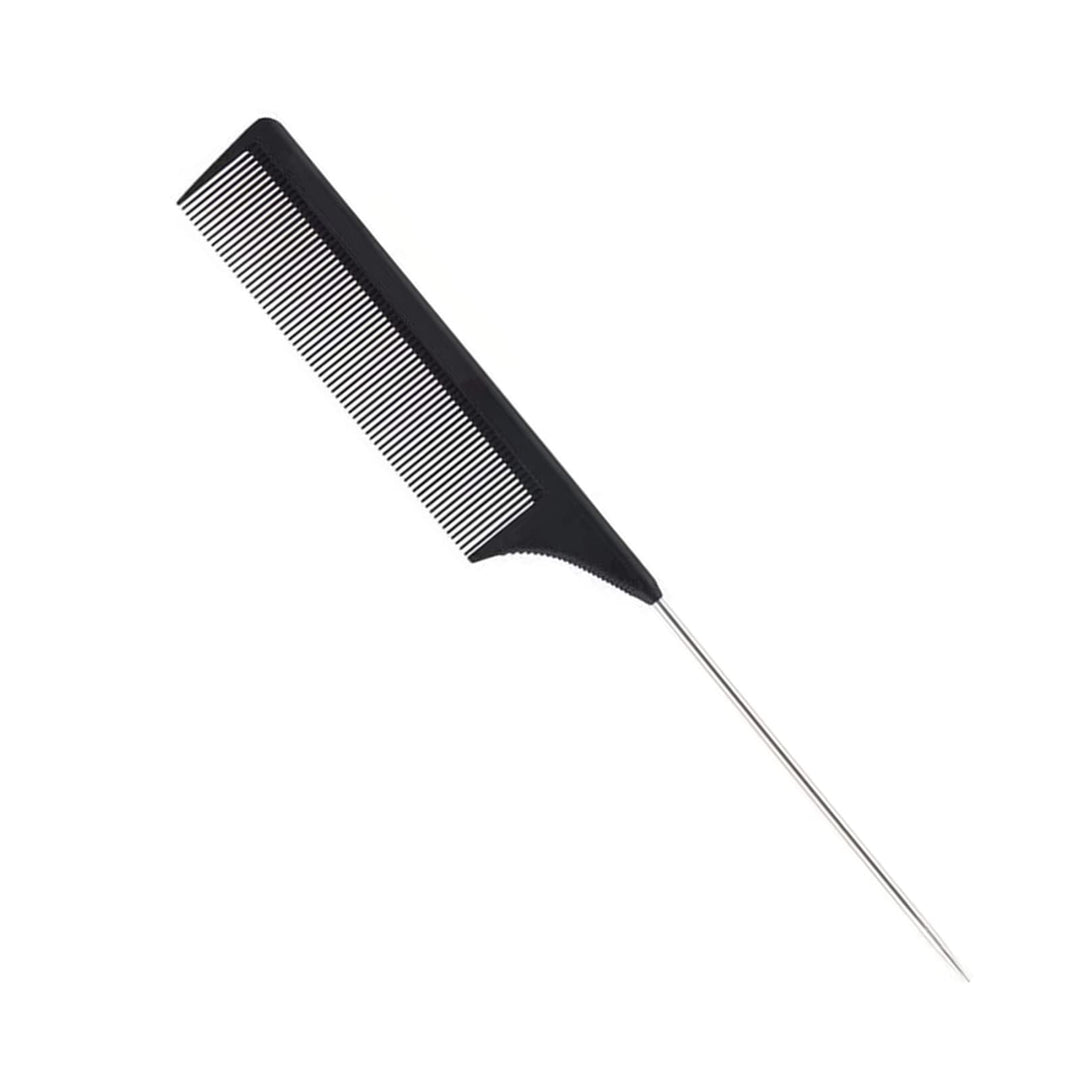 1 Pack Professional Carbon Steel Tail Combs Heat Resistant with Metal Pick, Anti Static Black Styling Rat Tail Hair Comb Fine Teeth, Metal Pintail Teasing Comb Brush