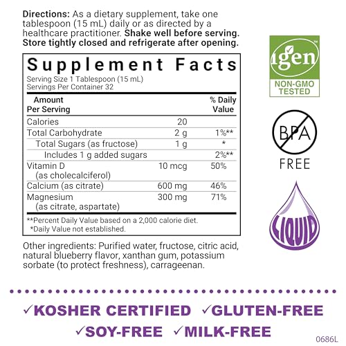 Bluebonnet Nutrition Liquid Calcium Citrate Magnesium Citrate, Vitamin D3, Bone Health, Gluten Free, Soy free, milk free, kosher,32 Servings, Blueberry Flavor, 16 Fl Oz (Pack of 1)