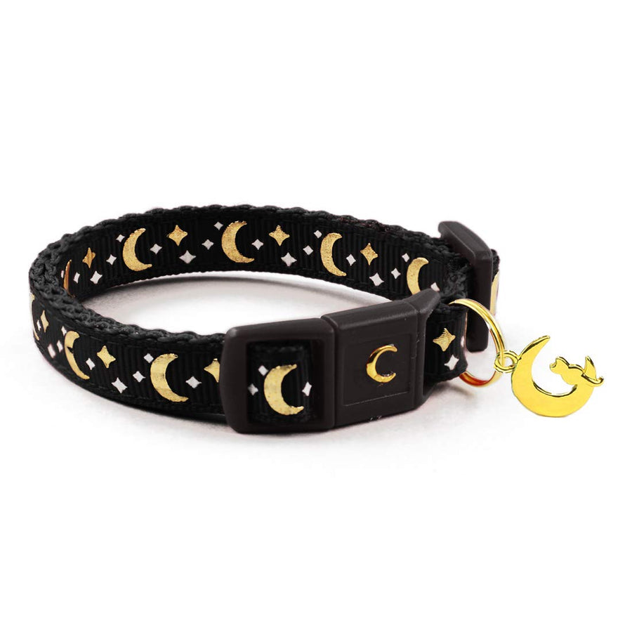 waaag Cat Collars, Gold Moons and Stars Cat Collar, Safety Breakaway Cat Collar, Glow in The Dark (Kitten 6.5-10 Neck, Black)