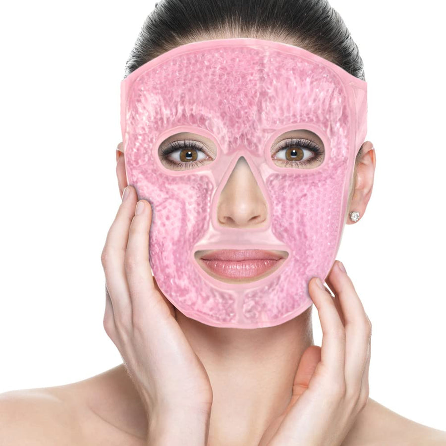 Ice Face Masks for Women, Hot Cold Therapy Gel Bead Full Facial Gel Mask Cold Eye Pack with Eye Hole & Plush Backing for Migraine Headache, Stress Relief - Pink