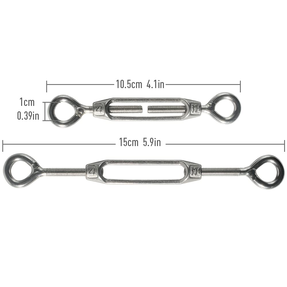 M4 Eye & Eye/O to O Turnbuckle 304 Stainless Steel, Hardware Kit for Wire Rope Tension Heavy Duty, for Sun Shade, Tent Installation, Anti-Rust, 6 Packs