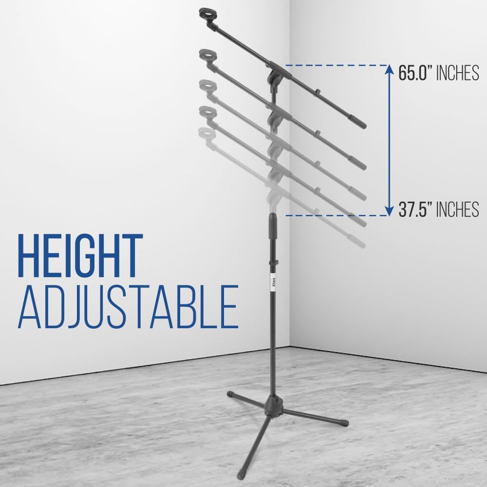 Foldable Tripod Microphone Stand - Universal Mic Mount and Height Adjustable from 37.5'' to 65.0'' Inch High w/ Extending Telescoping Boom Arm Up to 28.0'' - Knob Tension Lock Mechanism PMKS3