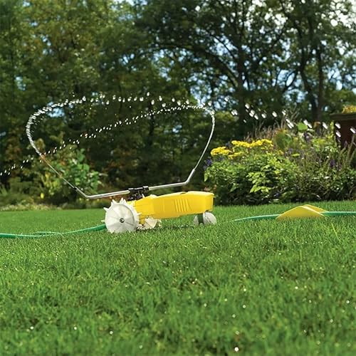 Rain Train Traveling Sprinkler for Yard, Heavy Duty Rotating Lawn Sprinkler with Large Area Coverage, Yellow