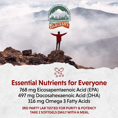 Barlean's Fish Oil Omega 3 Supplement, High Potency Ultra EPA DHA Fatty Acid Softgels, 1000mg Orange Flavored Fish Oil Pills, 60 Count